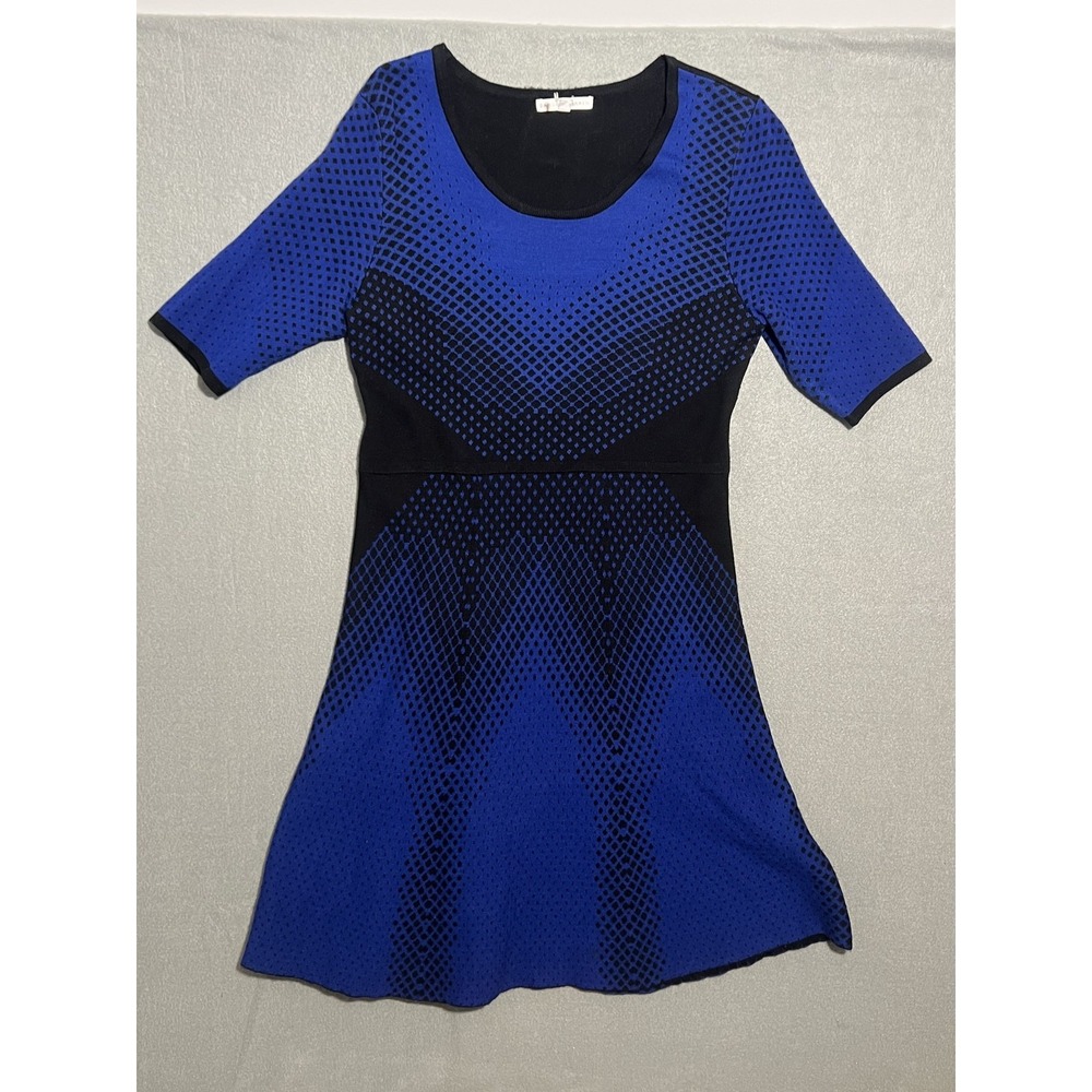 Sandra Darren Women's Blue Black Geometric Knit Sweater Dress Size Large L